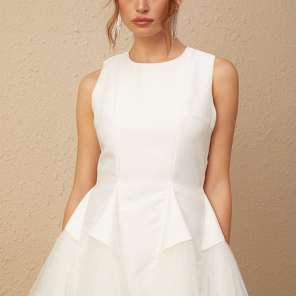 Stefania White Peplum Mini Dress with Ruffle Detailing and Scalloped Hem
