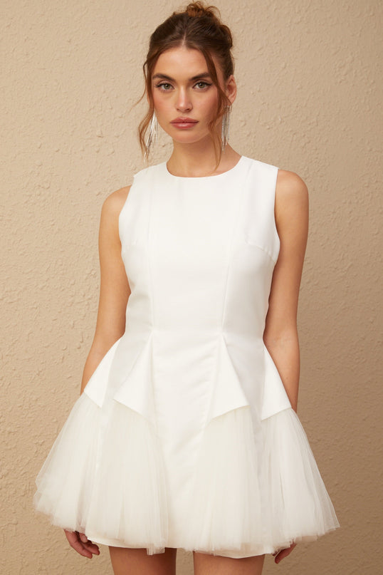 Stefania White Peplum Mini Dress with Ruffle Detailing and Scalloped Hem