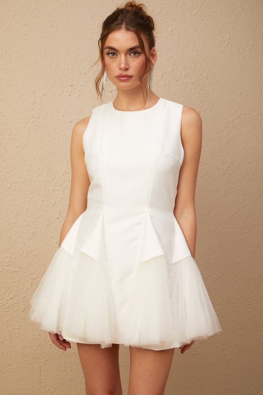 Stefania White Peplum Mini Dress with Ruffle Detailing and Scalloped Hem