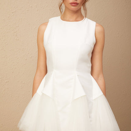 Stefania White Peplum Mini Dress with Ruffle Detailing and Scalloped Hem