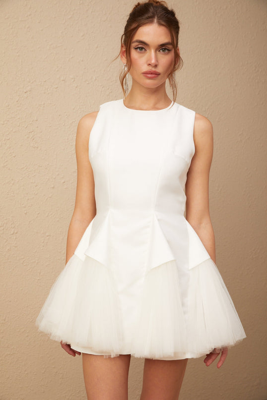 Stefania White Peplum Mini Dress with Ruffle Detailing and Scalloped Hem
