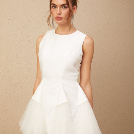 Stefania White Peplum Mini Dress with Ruffle Detailing and Scalloped Hem