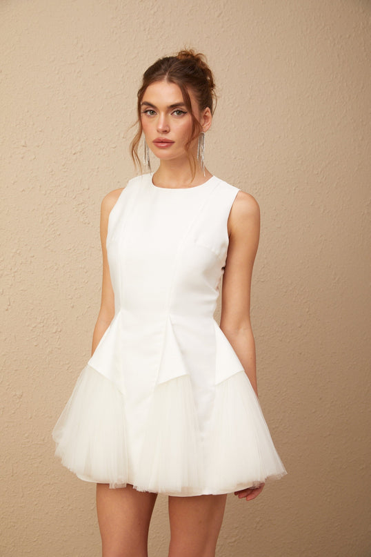 Stefania White Peplum Mini Dress with Ruffle Detailing and Scalloped Hem
