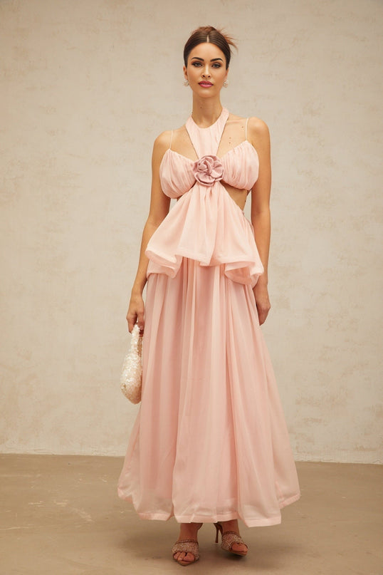 Stella Pink Floral Maxi Dress Halterneck Sleeveless Peplum Waist Floral Appliqué Shirred Panel Rear Zip Fastening Maxi Length Terylene Fiber