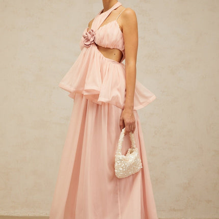 Stella Pink Floral Maxi Dress Halterneck Sleeveless Peplum Waist Floral Appliqué Shirred Panel Rear Zip Fastening Maxi Length Terylene Fiber