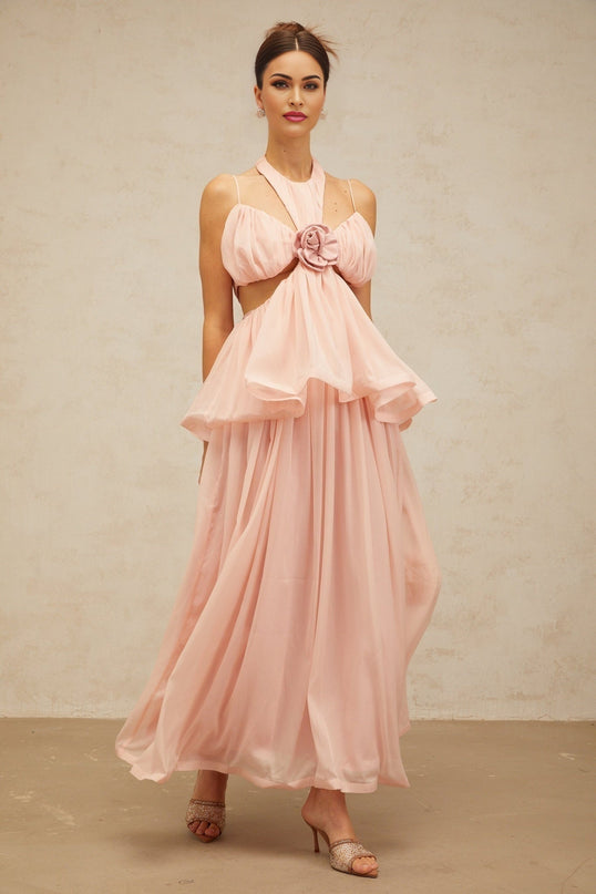 Stella Pink Floral Maxi Dress with Halterneck Design and Peplum Waist