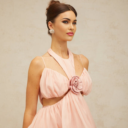 Stella Pink Floral Maxi Dress Halterneck Sleeveless Spaghetti Straps Peplum Waist Floral Appliqué Shirred Panel Rear Zip Fastening Maxi Length Terylene Fiber