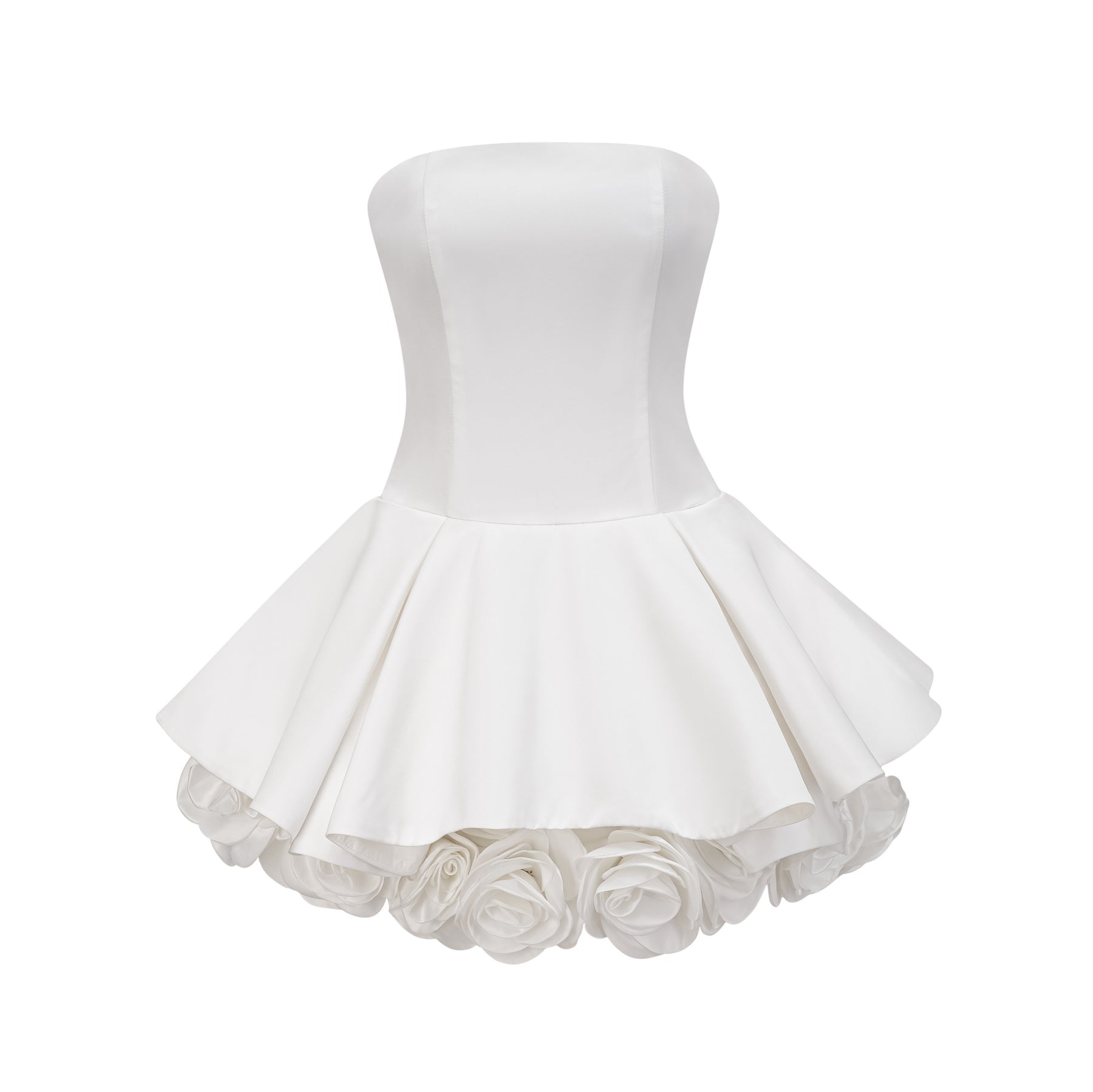 Strapless white mini dress with corset style bodice and floral petal details
