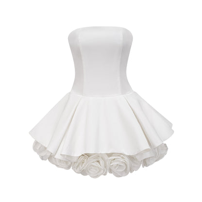 Strapless white mini dress with corset style bodice and floral petal details