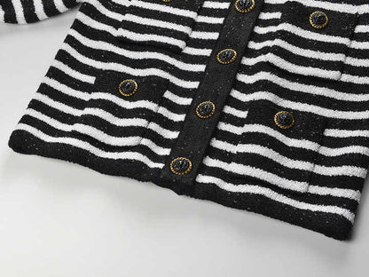 Striped Knit Cardigan with Gold - Tone Buttons - Black