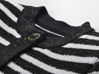 Striped Knit Cardigan with Gold - Tone Buttons - Black