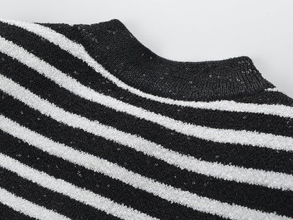 Striped Knit Cardigan with Gold - Tone Buttons - Black