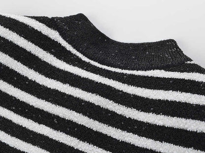 Striped Knit Cardigan with Gold - Tone Buttons - Black