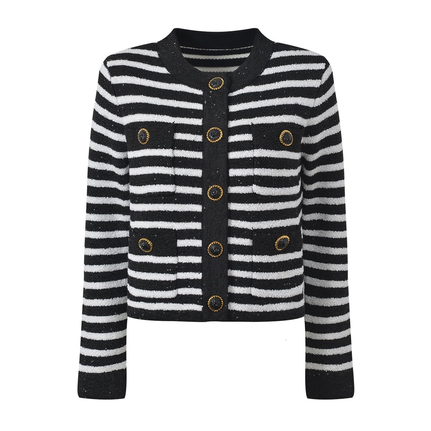 Striped Knit Cardigan with Gold - Tone Buttons - Black