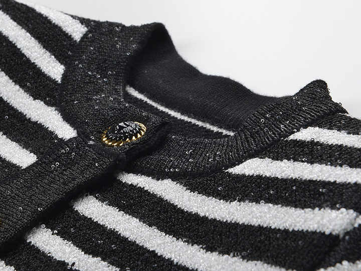 Striped Knit Cardigan with Gold - Tone Buttons - Black