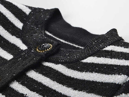 Striped Knit Cardigan with Gold - Tone Buttons - Black