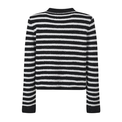 Striped Knit Cardigan with Gold - Tone Buttons - Black