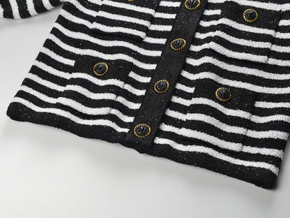 Striped Knit Cardigan with Gold - Tone Buttons - Black