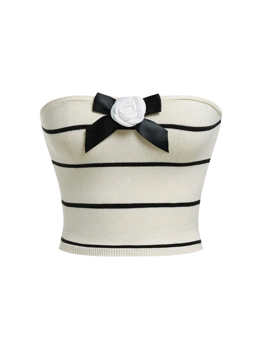 Striped Pattern Bow amp Stereo Flower Front Tube Knit Top