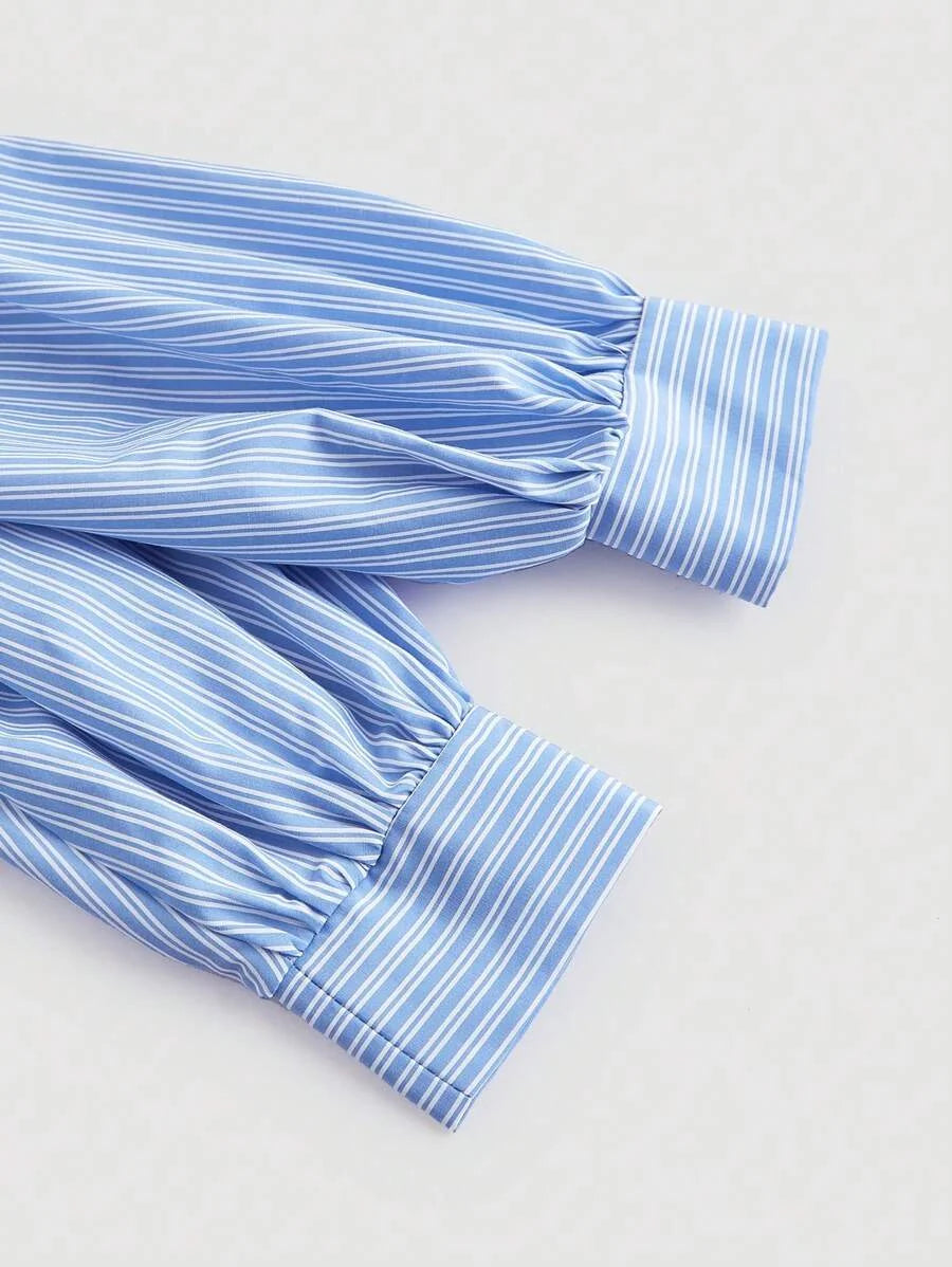 Striped Crop Top with Turndown Collar Puff Sleeves
