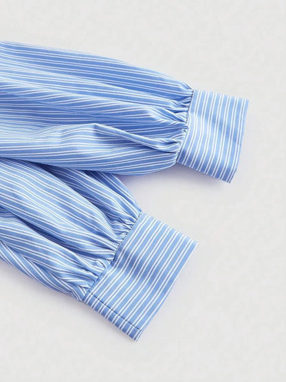 Striped Crop Top with Turndown Collar Puff Sleeves