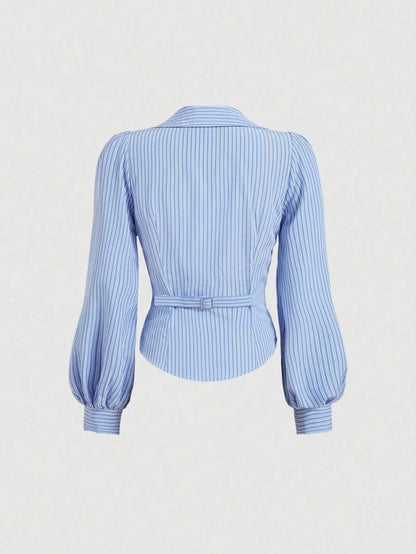 Striped Crop Top with Turndown Collar Puff Sleeves
