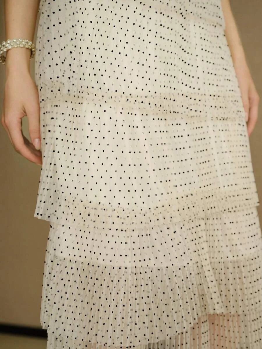 STUDIO MESH OVERLAY POLKA DOT PRINT FLUTTER SLEEVE LAYERED HEM MIDI DRESS