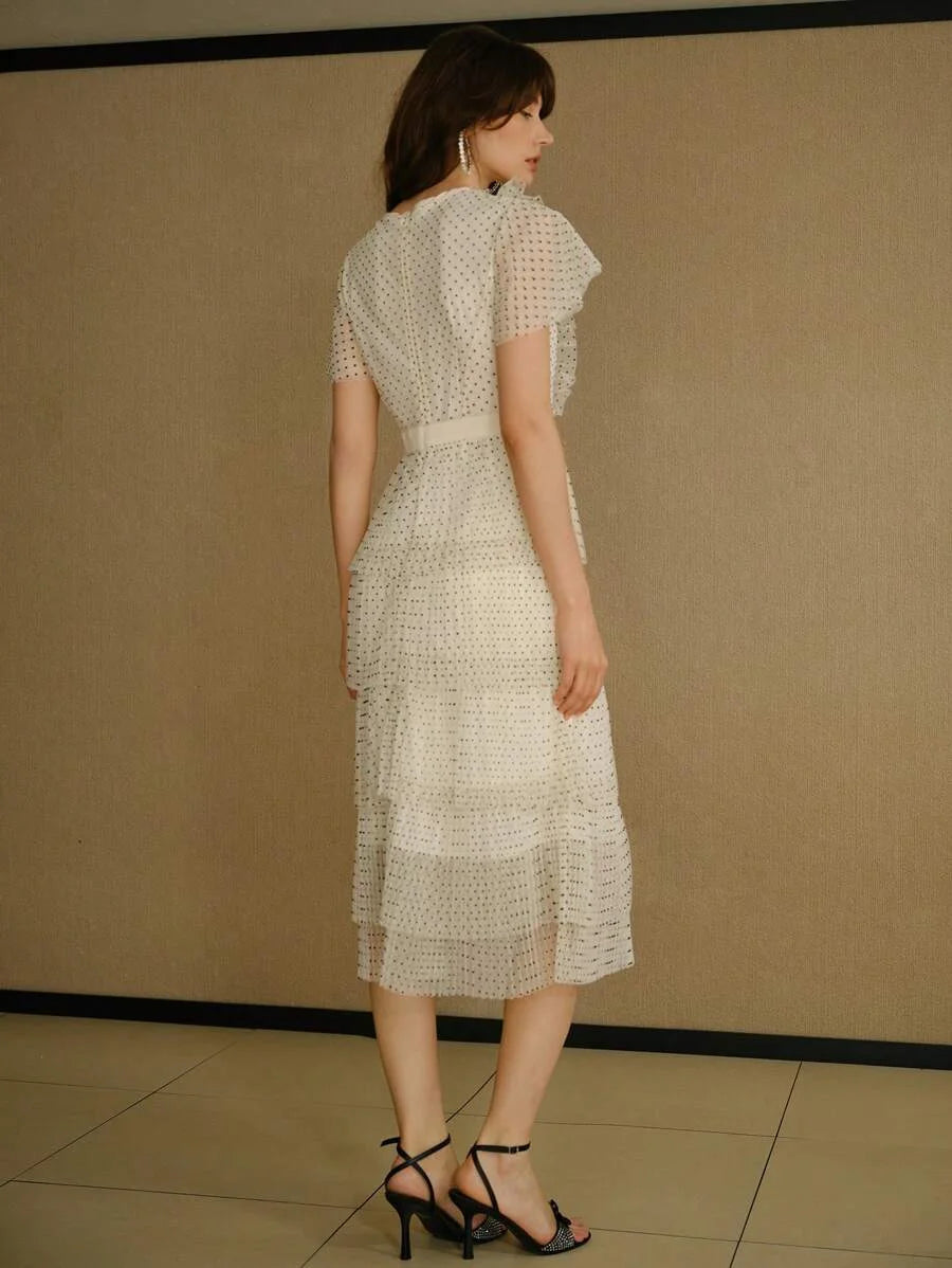 STUDIO MESH OVERLAY POLKA DOT PRINT FLUTTER SLEEVE LAYERED HEM MIDI DRESS