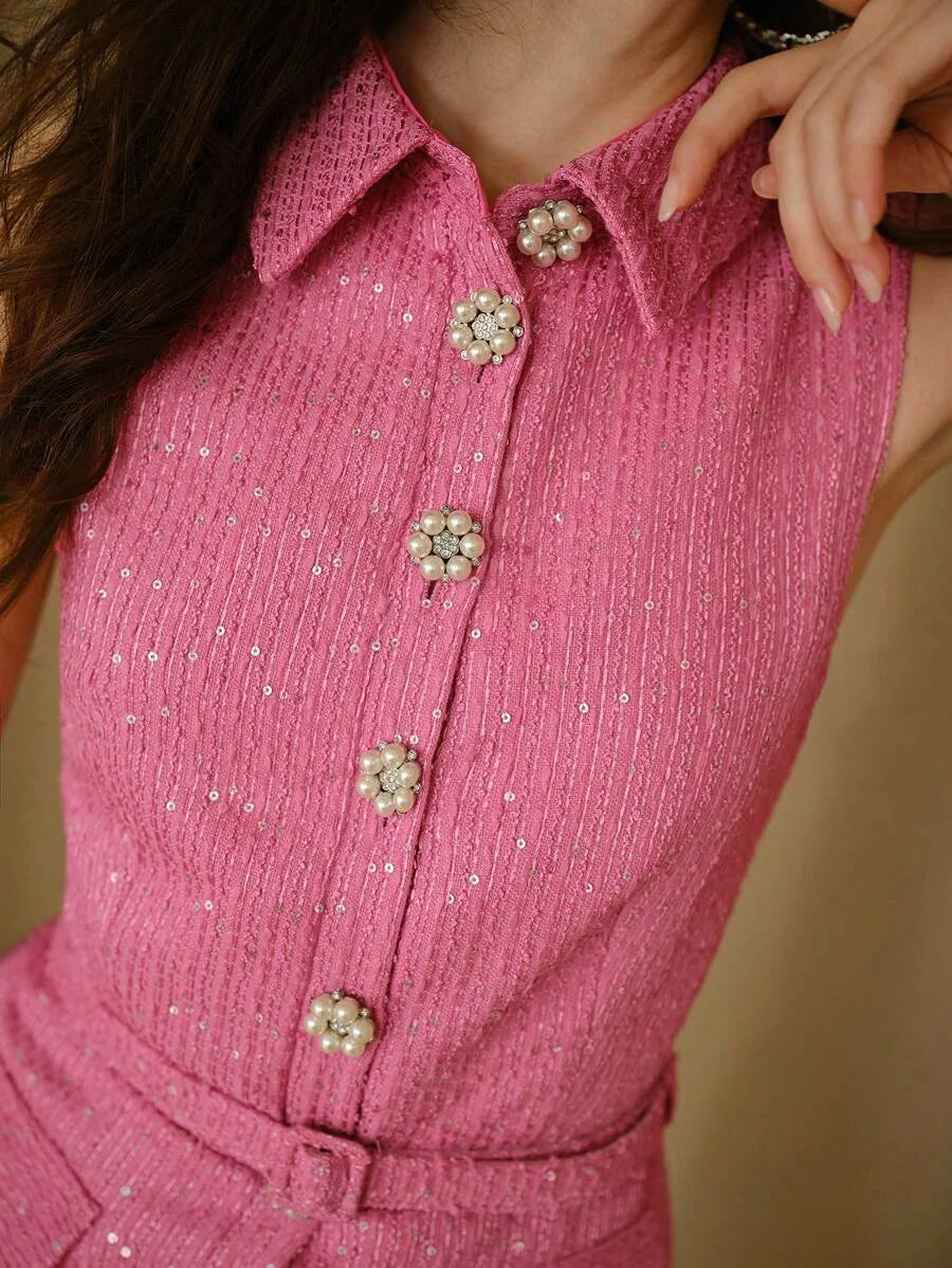 STUDIO TWEED FLAP DETAIL PLEATED HEM BUCKLE BELTED SHORT DRESS NEW YEAR OUTFIT