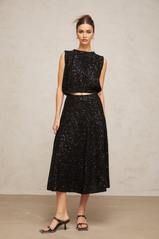 Stylish black matching set with sequined knit vest and skirt Ulrique brand