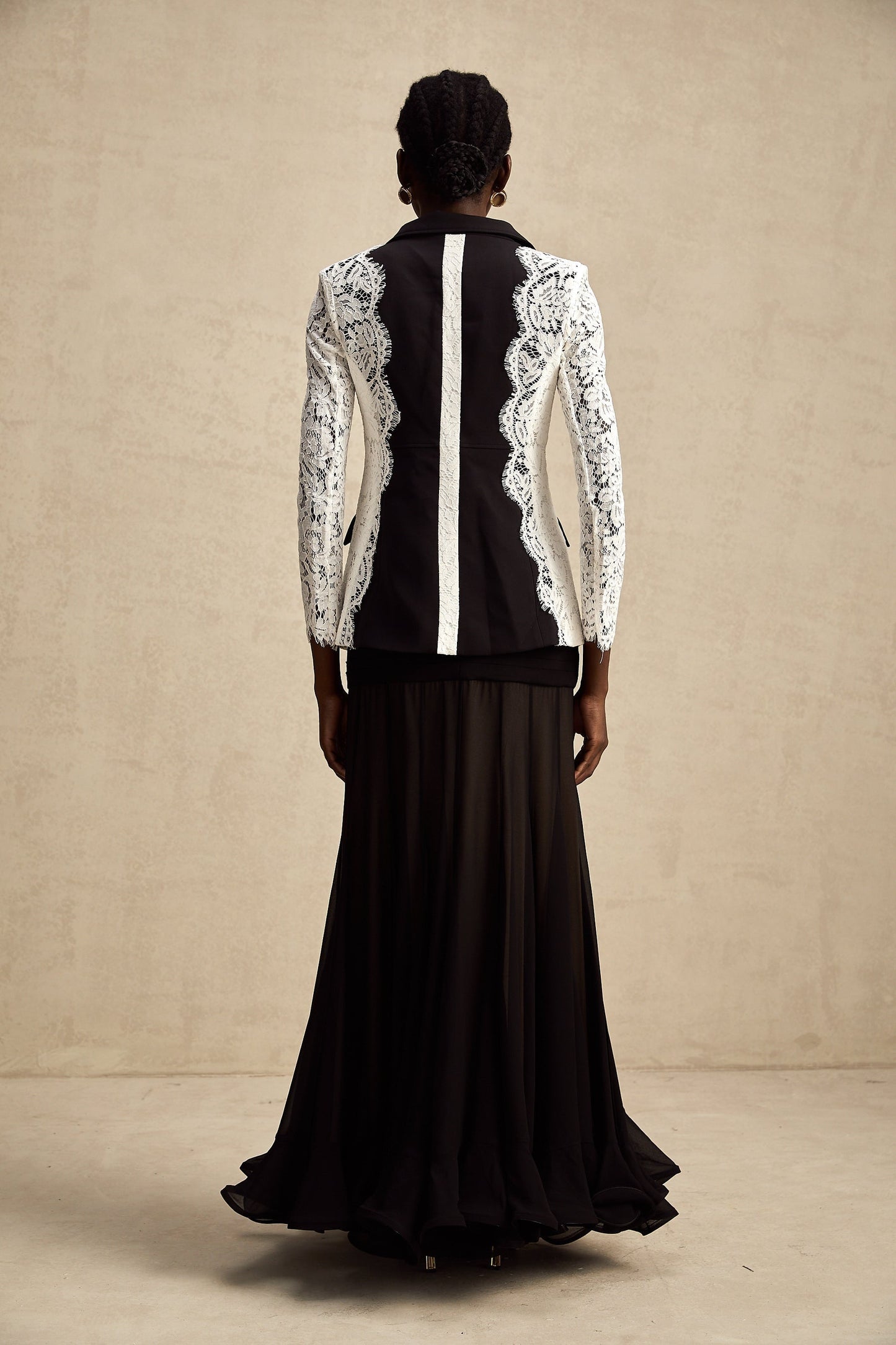 Stylish womens blazer with color block design and lace trim in contrasting colors