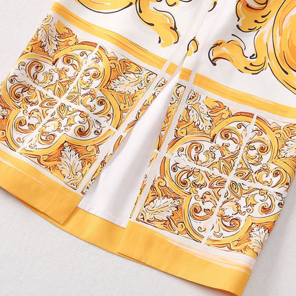 Stylish Yellow and White Baroque Pattern Halter Neck Dress