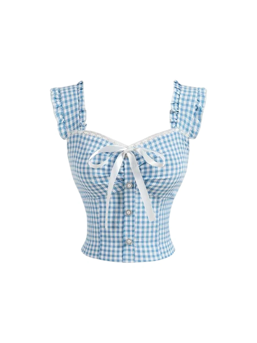 Summer Crop Top Bowknot Design Blue Plaid Pleated Lace Hem Ruffle Trimmed Sleeveless Shirt