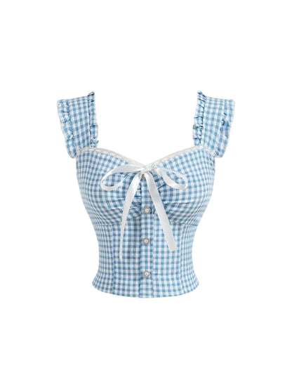 Summer Crop Top Bowknot Design Blue Plaid Pleated Lace Hem Ruffle Trimmed Sleeveless Shirt
