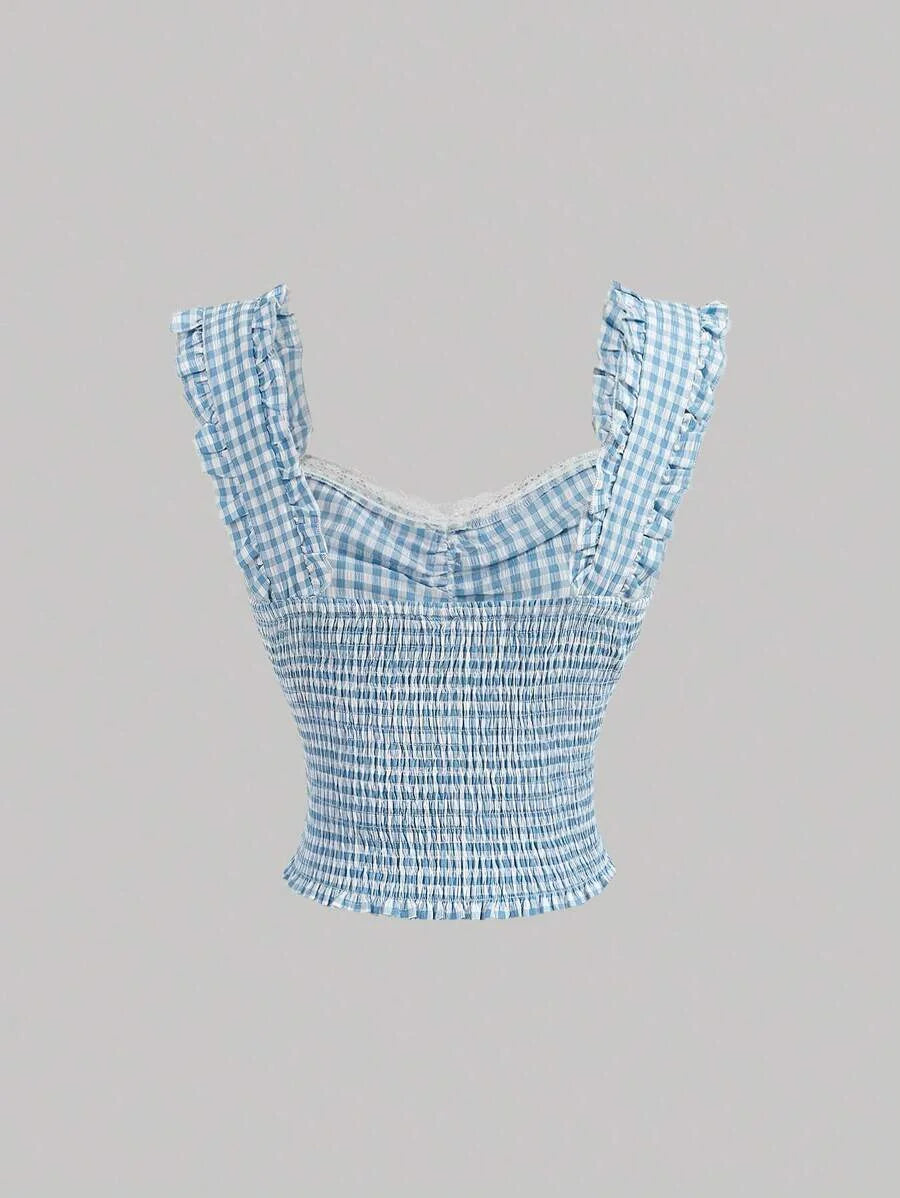 Summer Crop Top Bowknot Design Blue Plaid Pleated Lace Hem Ruffle Trimmed Sleeveless Shirt