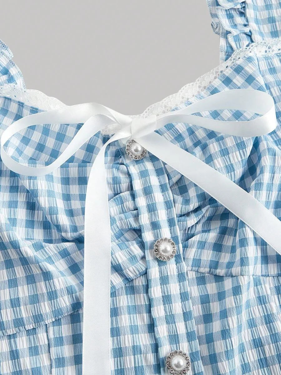 Summer Crop Top Bowknot Design Blue Plaid Pleated Lace Hem Ruffle Trimmed Sleeveless Shirt
