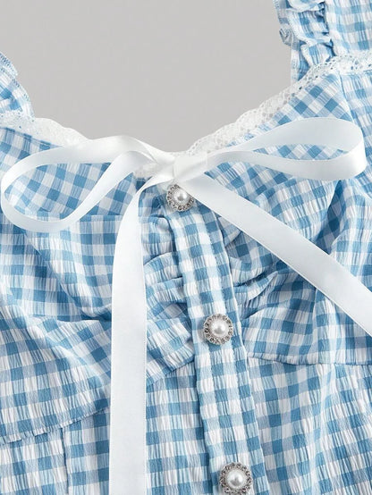 Summer Crop Top Bowknot Design Blue Plaid Pleated Lace Hem Ruffle Trimmed Sleeveless Shirt