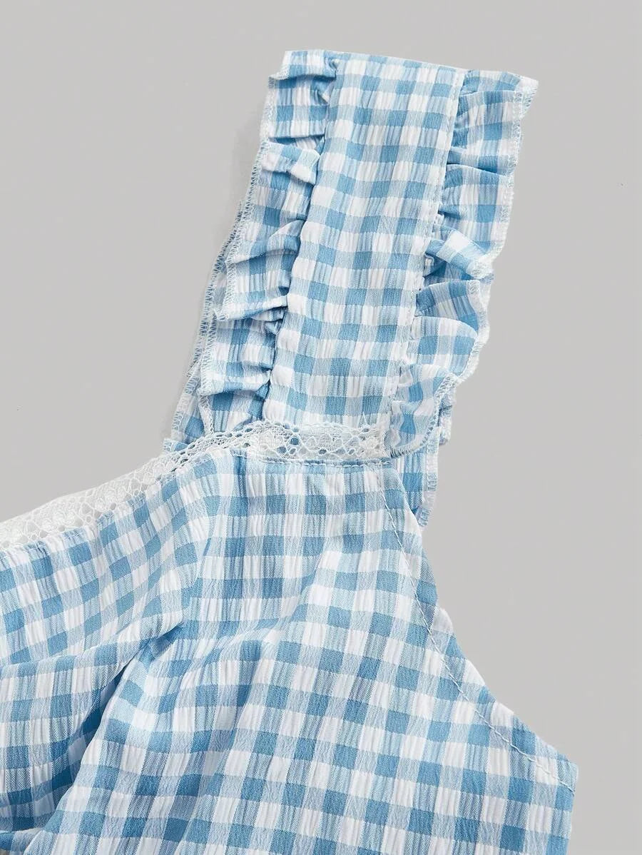 Summer Crop Top Bowknot Design Blue Plaid Pleated Lace Hem Ruffle Trimmed Sleeveless Shirt