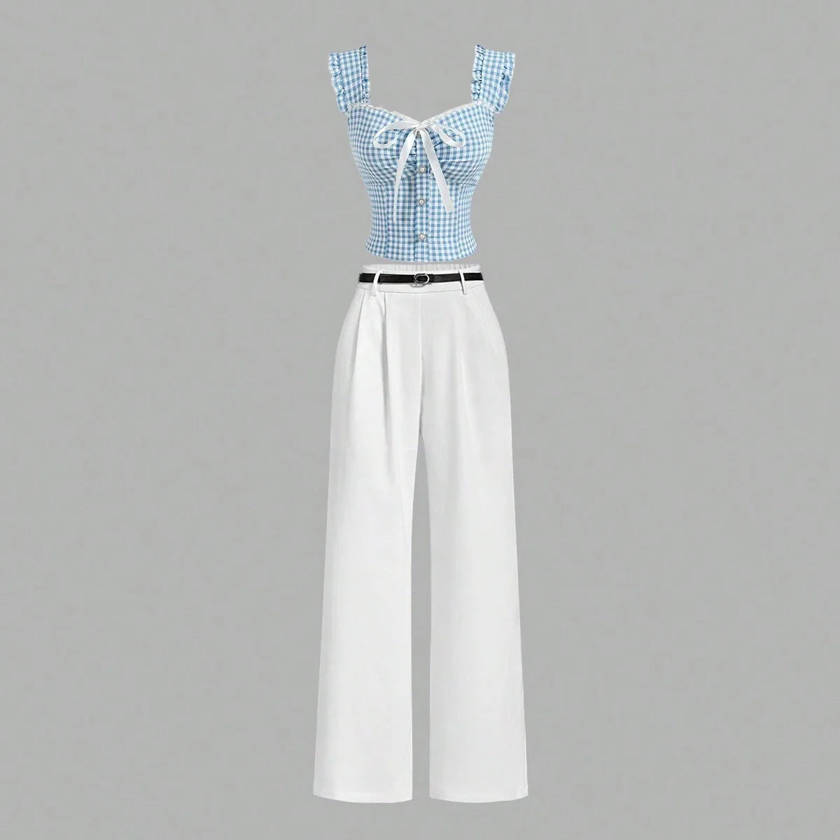 Summer Crop Top Bowknot Design Blue Plaid Pleated Lace Hem Ruffle Trimmed Sleeveless Shirt