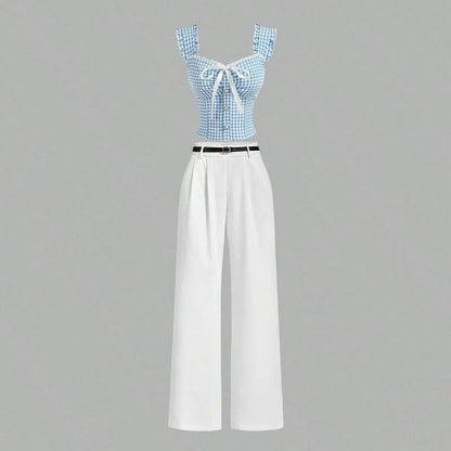 Summer Crop Top Bowknot Design Blue Plaid Pleated Lace Hem Ruffle Trimmed Sleeveless Shirt