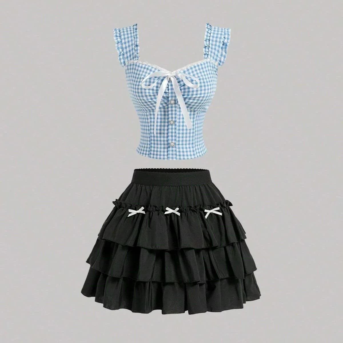 Summer Crop Top Bowknot Design Blue Plaid Pleated Lace Hem Ruffle Trimmed Sleeveless Shirt