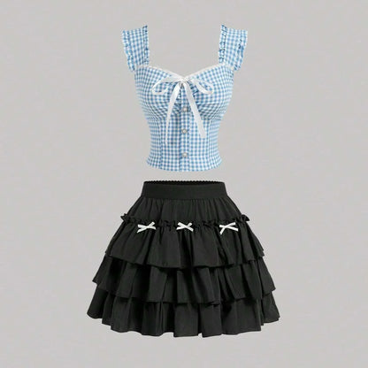 Summer Crop Top Bowknot Design Blue Plaid Pleated Lace Hem Ruffle Trimmed Sleeveless Shirt