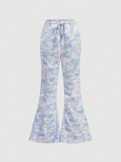 Summer Floral Printed Flare Pants For Women