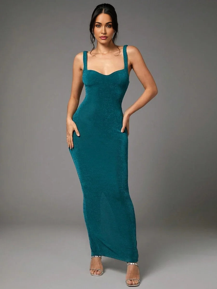 Summer Green Cami Dress Sexy Backless Elastic Pleated Long Dress