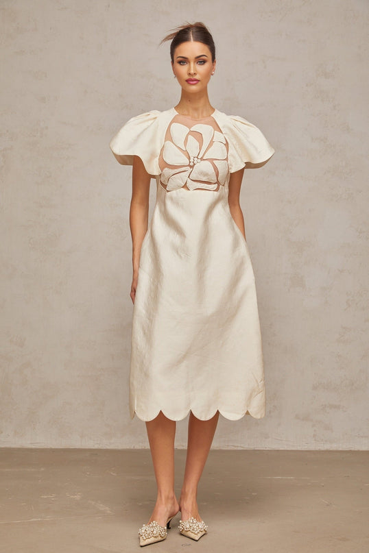 Summer White Summer Midi Dress Flutter Sleeve Tulle Floral Panel Cinched Waist Embossed Flower Detail Rear Zip Fastening Calf Length 100% Terylene Fiber Composition