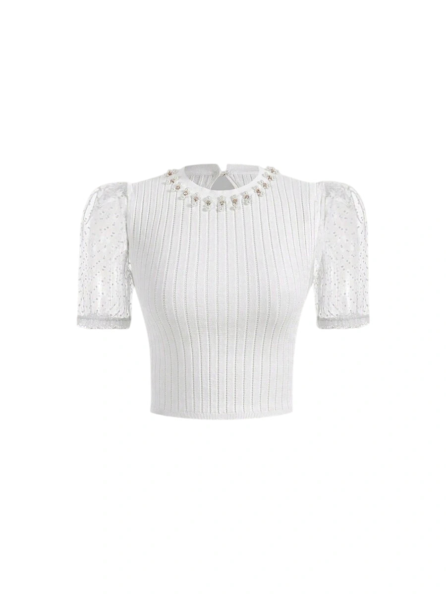 Summer Polka Dot Mesh Slim Short Sleeve Women Knitwear