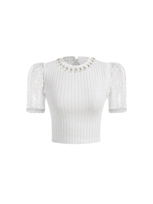 Summer Polka Dot Mesh Slim Short Sleeve Women Knitwear