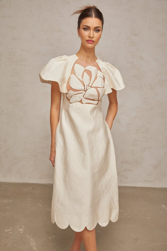 Summer White Floral Tulle Midi Dress with Flutter Sleeves and Cinched Waist