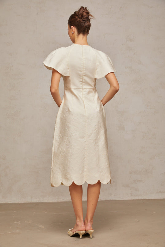 Summer White Midi Dress with Flutter Sleeves and Tulle Floral Panel