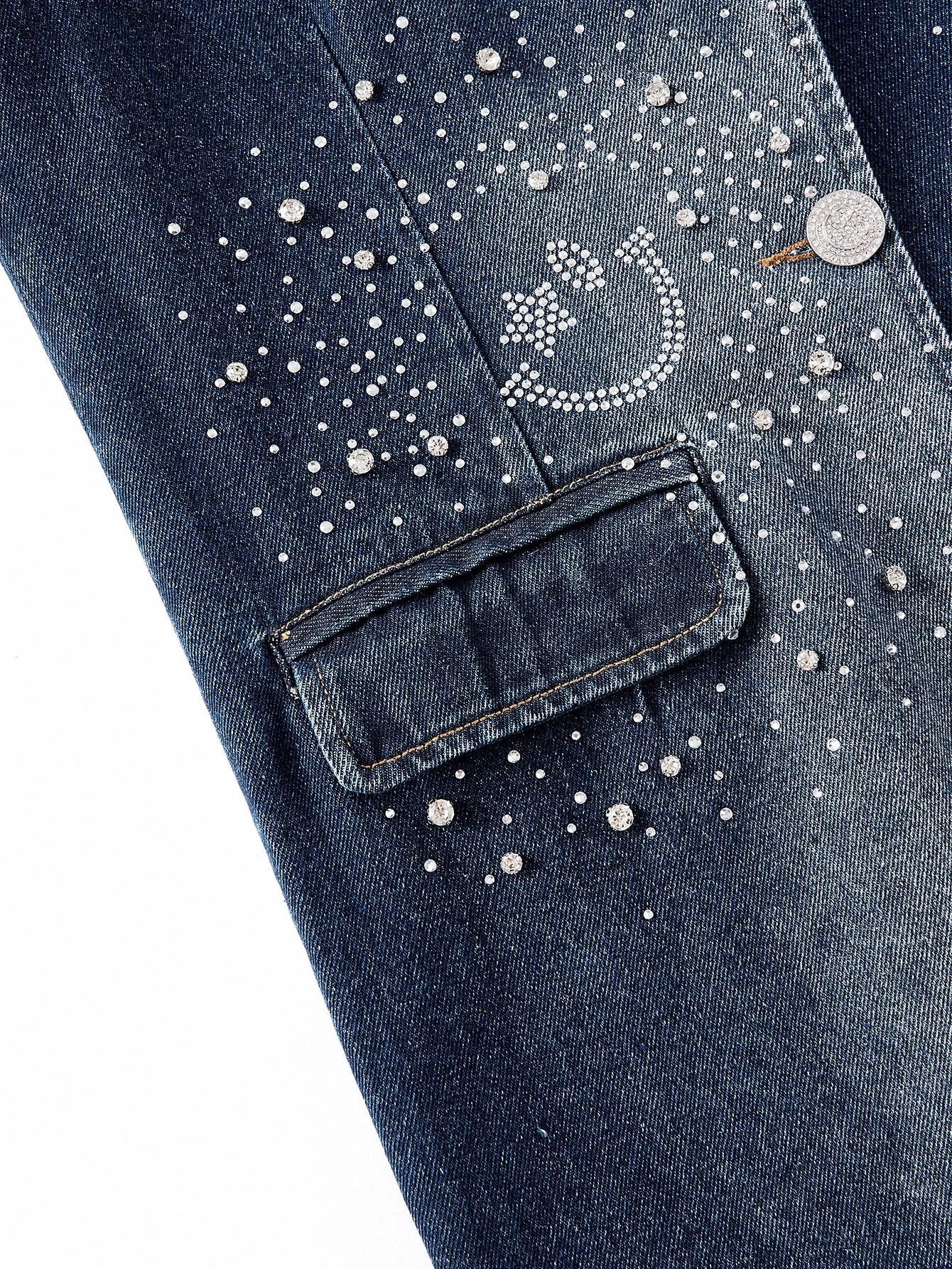 SWSmiley x MOTF PREMIUM LAPEL COLLAR RHINESTONE DETAIL WASHED DENIM COAT